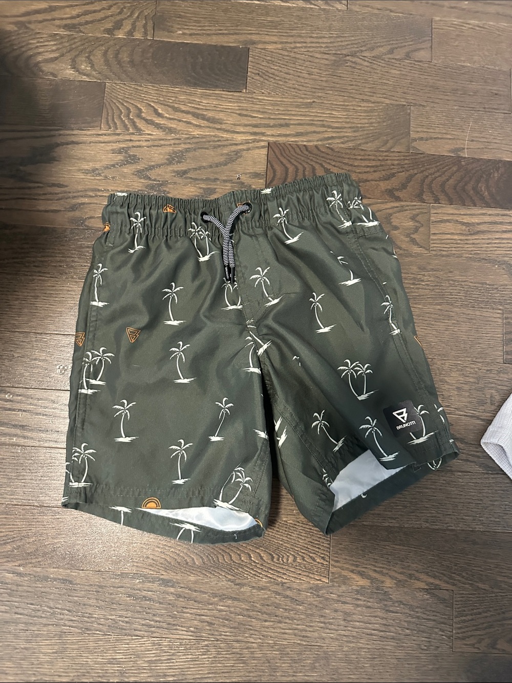 Boy’s Olive Green Palm-Print Swim Shorts, Size 10, Like New